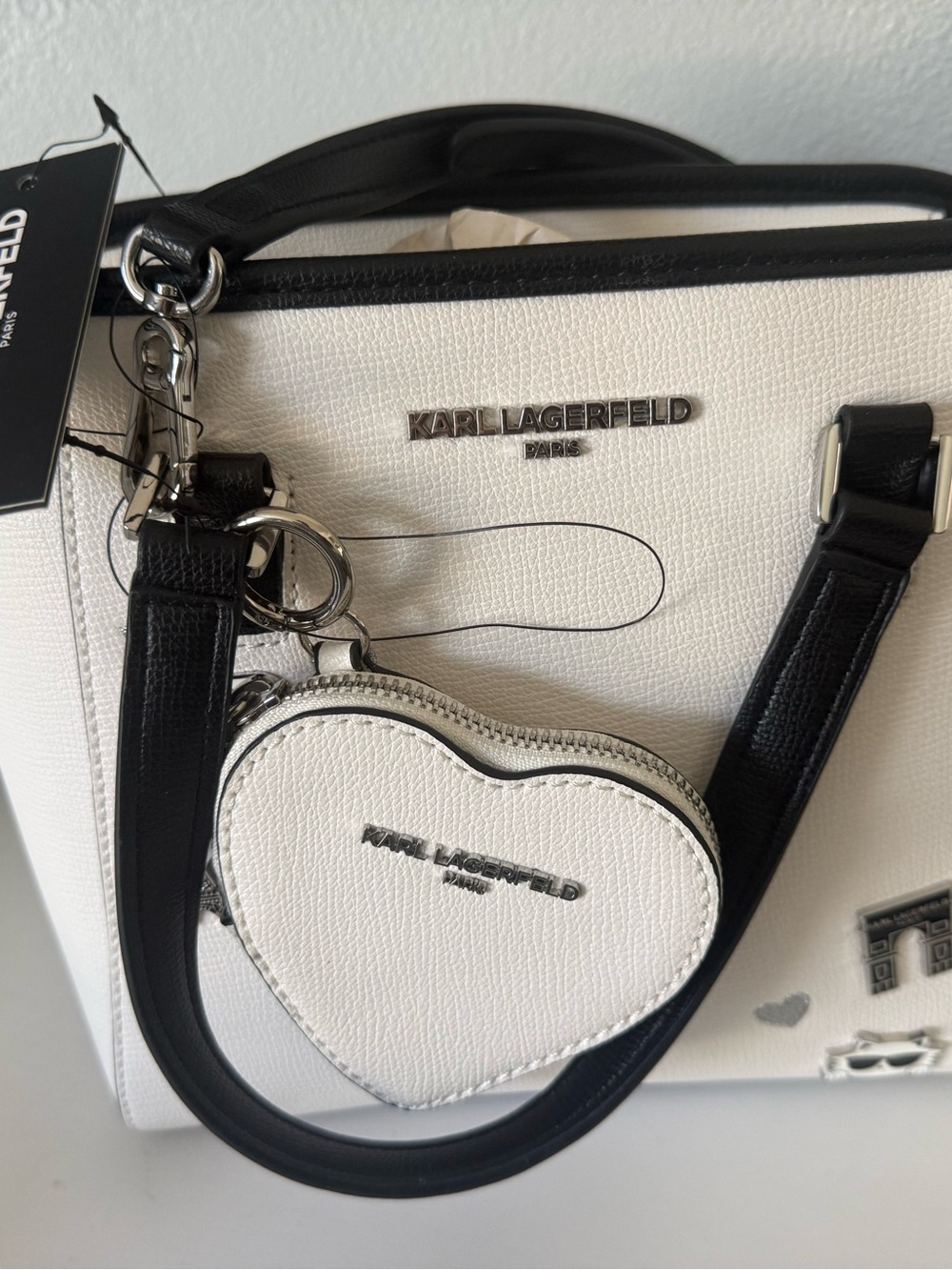 Karl Lagerfeld White and Black Heart Charm Tote